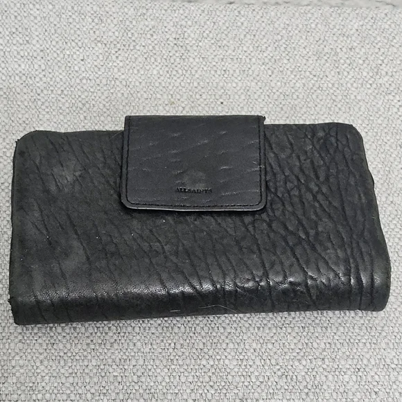 AllSaints Black Distressed Leather Tri Fold Wallet Zip Pocket - Picture 1 of 11